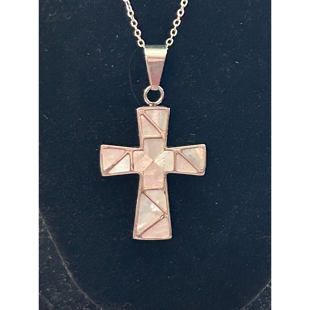 Mother of Pearl Cross Necklace – Stainless Steel Religious‎ Pendant